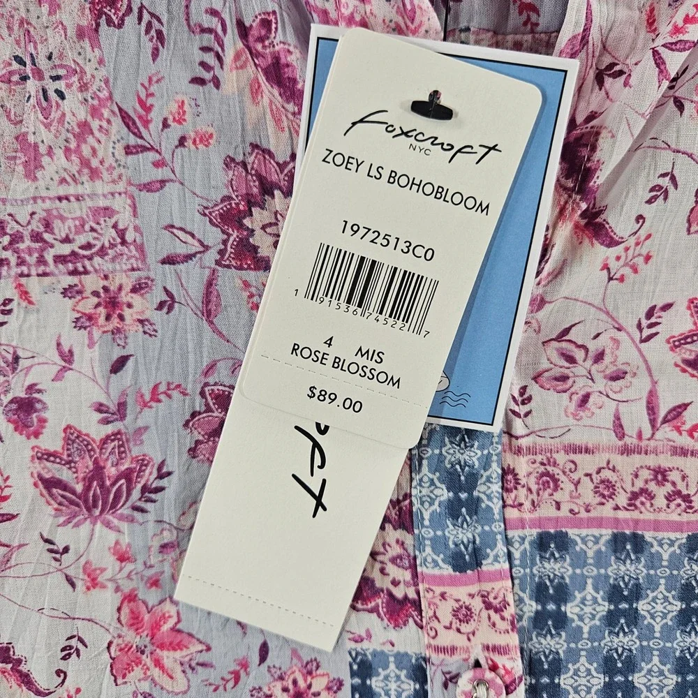 Foxcroft NYC Zoey LS Boho Bloom Patchwork‎ Floral Shirt Rose Blossom Size 4 NEW